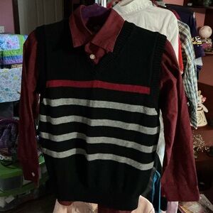 Kid’s Black and Gray Striped Sweater Vest with Shirt